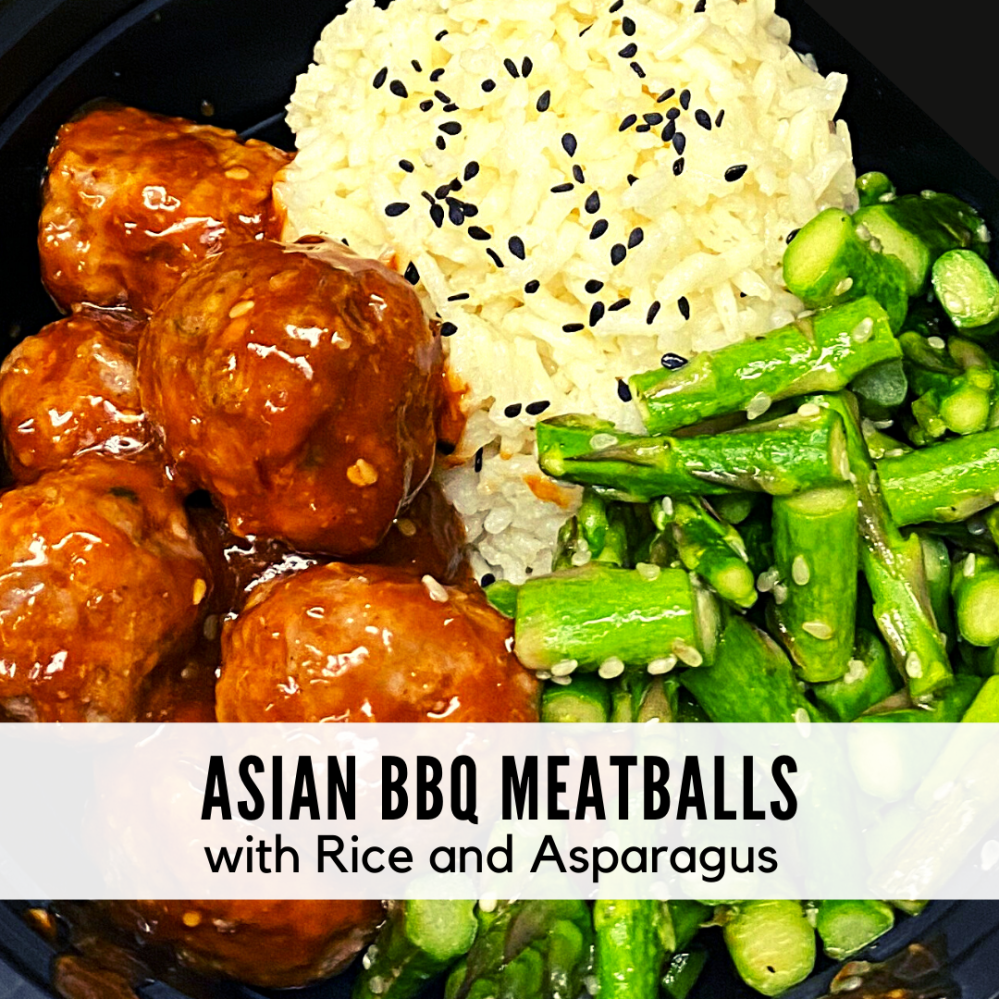Asian BBQ Meatballs with Rice and Asparagus